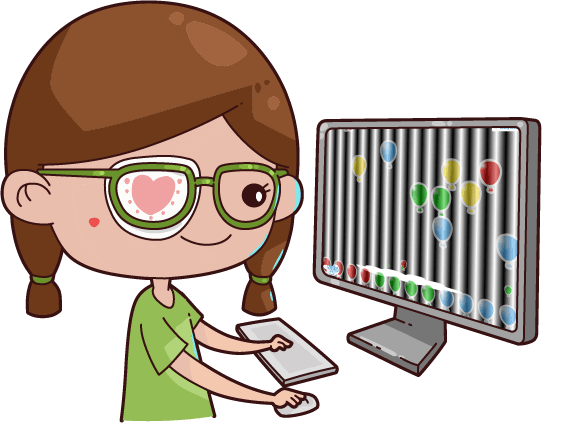 Illustration: Kleines Mädchen mit Amblyopie nutzt zur Okklusionstherapie (Brille und Augenpflaster) die Caterna Sehschulung am Computer