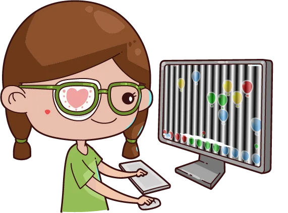 Illustration: Kleines Mädchen mit Amblyopie nutzt zur Okklusionstherapie (Brille und Augenpflaster) die Caterna Sehschulung am Computer